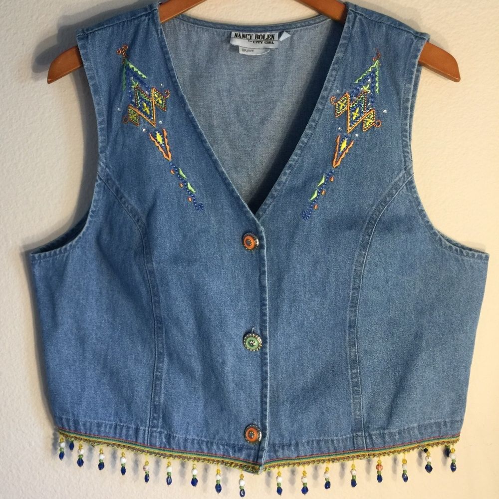 1990s Y2K Nancy Bolen Crop Denim Vest | Embroidered Beaded Western Style Sz 12 - Picture 1 of 8
